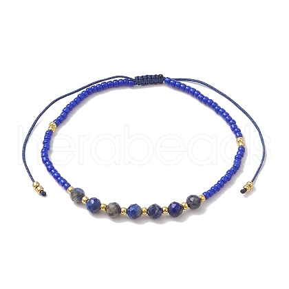 Adjustable Natural Lapis Lazuli & Seed Braided Bead Bracelets BJEW-JB10181-07-1
