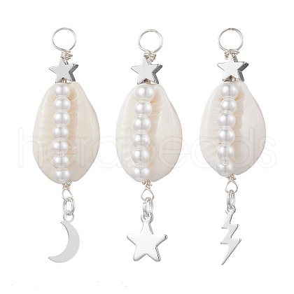 3Pcs 3 Styles Natural Cowrie Shell  Copper Wire Wrapped Glass Pearl Pendants PALLOY-JF03504-1