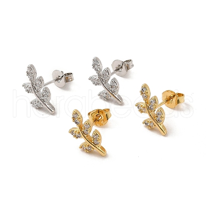 Cubic Zirconia Leaf Stud Earrings EJEW-F301-06-1