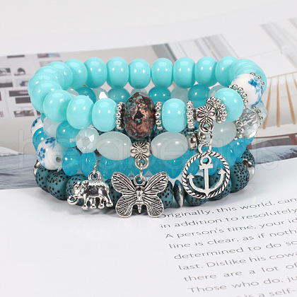 4Pcs Bohemian Style Alloy & Glass & Acrylic Charm Bracelets Set WG8E884-07-1