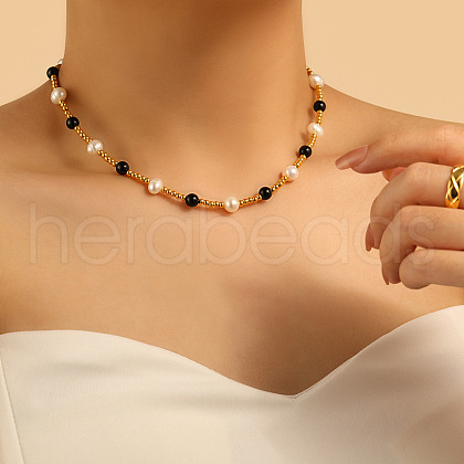 Natural Freshwater Pearl & Round Natural Black Obsidian Beaded Necklaces for Women UY6642-1