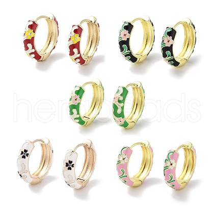 Real 18K Gold Plated Brass Enamel Flower Print Hoop Earrings for Women EJEW-L269-118G-1