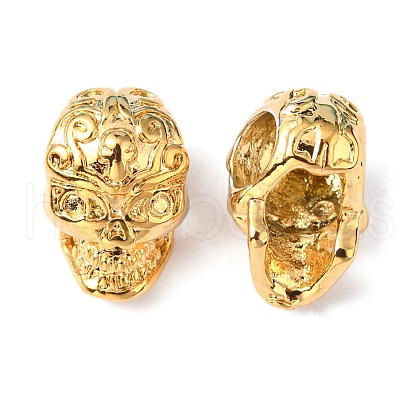 Real 24K Gold Plated Brass Skull Beads KK-K093-06G-1