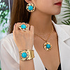 Round Alloy & Synthetic Turquoise Pendant Necklace & Stud Earring & Cuff Bangle & Rings Sets FS-WG9CCFC-01-2