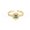 Flat Round with Square Glass Open Cuff Ring with Cubic Zirconia RJEW-S049-010G-1