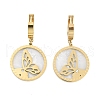 Left and Right Flat Round with Butterfly 304 Stainless Steel Shell Dangle Earrings EJEW-L283-071G-1