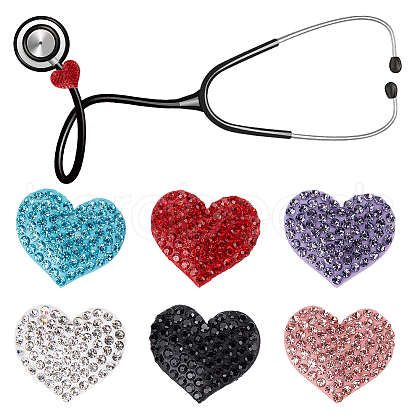 6Pcs 6 Colors Heart Polymer Clay Rhinestones Stethoscope Pendant Decorations HJEW-OC00054-1