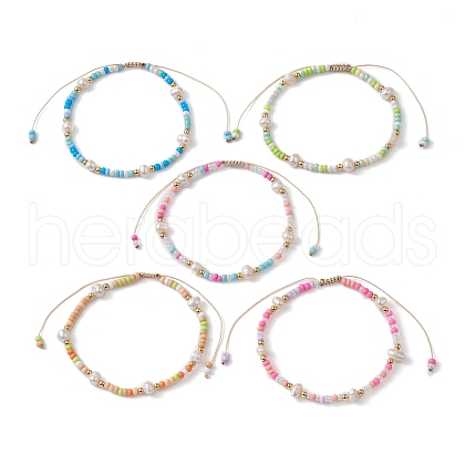 Natural Pearl & Glass Seed Braided Bead Bracelet BJEW-JB09531-1