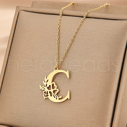 304 Stainless Steel Flower Initial Pendant Necklaces WGE911E-03-1