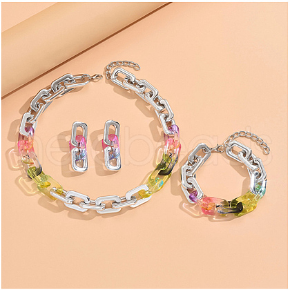 Alloy & Acrylic Rectangle Link Chain Necklace & Bracelet & Stud Dangle Earring Sets FS-WG12B03-02-1