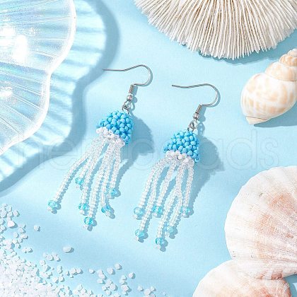 Glass Seed Beaded with Acrylic Beads & Glass Pearl Round Bead Jellyfish Dangle Earrings EJEW-MZ00435-04-1