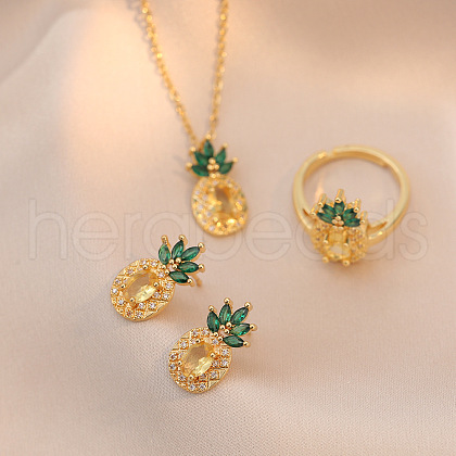 Pineapple Stainless Steel Rhinestone Pendant Necklace & Stud Earrings & Finger Ring Set WG65275-04-1