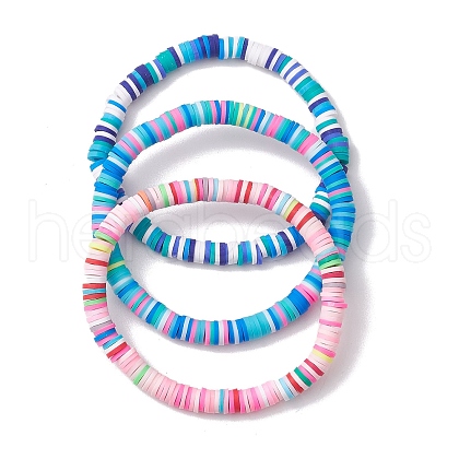 3Pcs 3 Colors Polymer Clay Disc Beaded Stretch Bracelet Sets BJEW-JB10440-02-1
