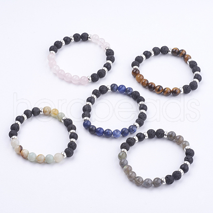 Natural Lava Rock and Gemstone Stretch Bracelets BJEW-JB03634-1