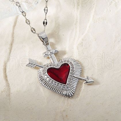 Elegant Romantic Brass Pave Clear Cubic Zirconia Cupid Heart with Arrow Pendant Necklaces for Women SX4190-2-1