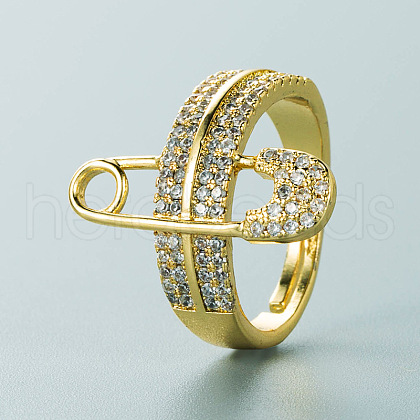 Safety Pin Brass Micro Pave Clear Cubic Zirconia Finger Rings for Women FS-WG27226-01-1