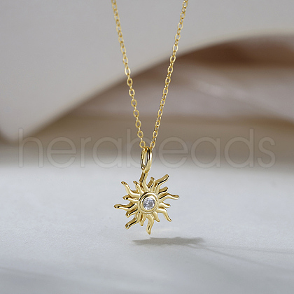 925 Sterling Silver Pave 5A Clear Cubic Zirconia Sun Pendant Necklaces for Women NJEW-C087-02G-1