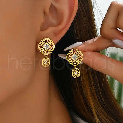 Elegant Vintage Court Style Hollow Flower S925 Sterling Silver Clear Cubic Zirconia Dangle Stud Earrings TT0606-1