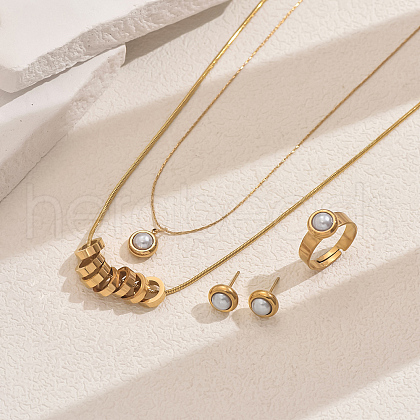 Stainless Steel & Imitation Pearl Stud Earrings & Double Necklaces & Rings Sets for Women's Daily Wear UO4796-1