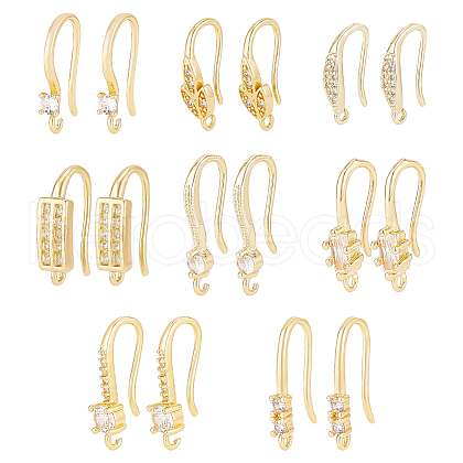 BENECREAT 8 Pairs 8 Styles Brass Micro Pave Clear Cubic Zirconia Earring Hooks ZIRC-BC0001-25-1