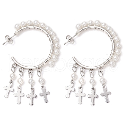 Cross Shell Pearl Dangle Stud Earrings EJEW-JE06185-02-1