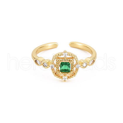 Flat Round with Square Glass Open Cuff Ring with Cubic Zirconia RJEW-S049-010G-1