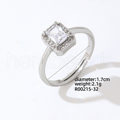 Mother's' Day Rectangle Platinum Brass Adjustable Ring with Cubic Zirconia EG7863-26-1