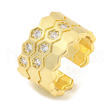 Brass Micro Pave Clear Cubic Zirconia Hexagon Open Cuff Ring RJEW-M173-10A-G-1