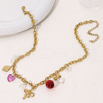 White Bowknot Hot Pink Heart Red Strawberry 201 Stainless Steel & Resin Pendant Necklaces for Women FS-WG72E1A-01-1