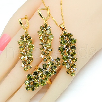 Leaf Brass with Cubic Zirconia Pendant Necklace & Hoop Earring & Ring FS-WG53533-04-1