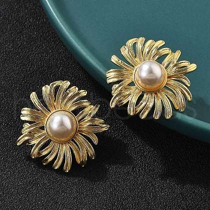 Brass ABS Plastic Imitation Pearl Flower Stud Earrings EJEW-S258-01G-1