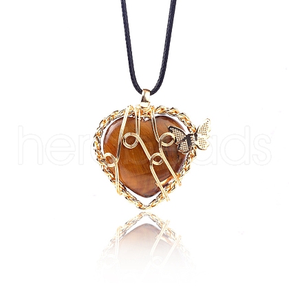 Natural Tiger Eye Metal Wire Wrapped Heart Pendants PW-WG13885-03-1