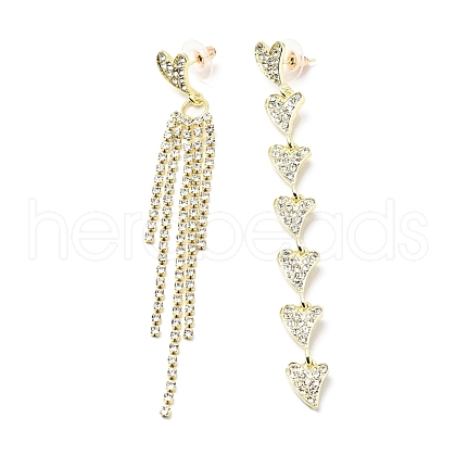 Crystal Rhinestone Heart Tassel Asymmetrical Earrings with 925 Sterling Silver Pins EJEW-C037-05LG-1