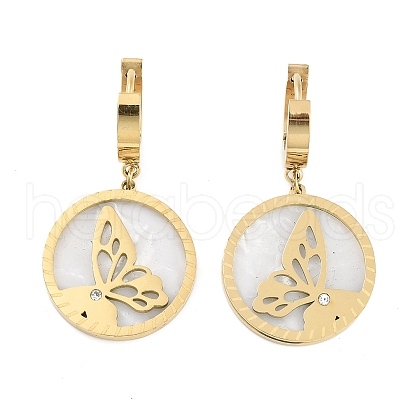Left and Right Flat Round with Butterfly 304 Stainless Steel Shell Dangle Earrings EJEW-L283-071G-1