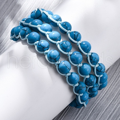 Synthetic Turquoise Round Beaded Multi-strand Bracelets for Men Women BJEW-G743-02F-1