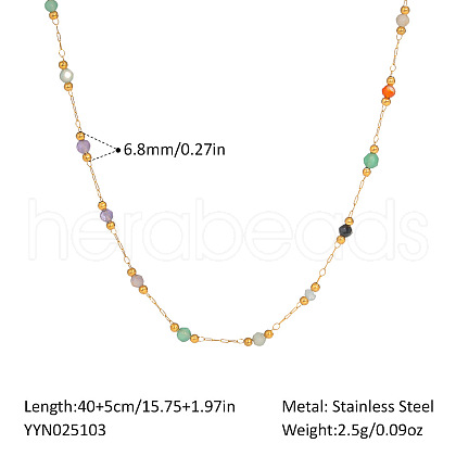 Colorful Natural Stone Faceted Round & Stainless Steel Handmade Link Chain Necklaces ZX3080-5-1