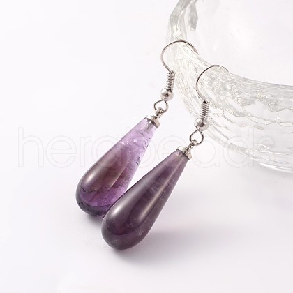 Teardrop Platinum Tone Brass Natural Amethyst Dangle Earrings EJEW-M058-05-1