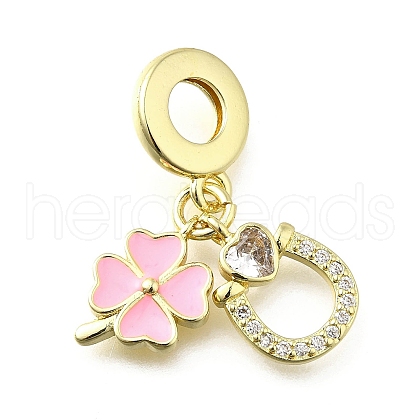 Brass Pave Clear Cubic Zirconia and Pink Enamel European Dangle Charms KK-Q066-04G-1