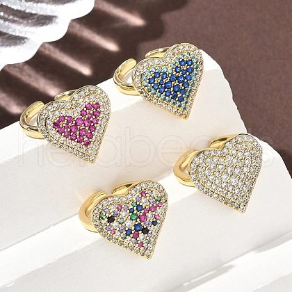 Heart Brass Micro Pave Cubic Zirconia Cuff Rings for Women RJEW-A069-12G-1