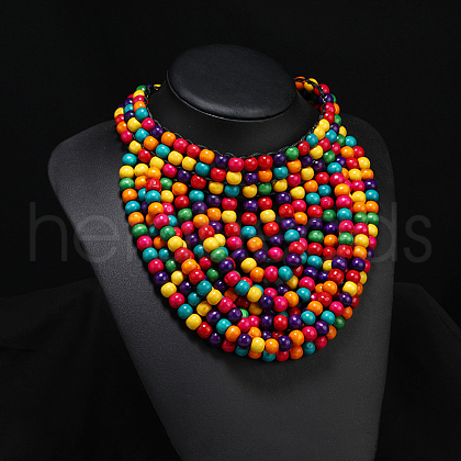 Bohemian Style Round Wood Beaded Multilayer Tassel Necklaces for Women WG93846-08-1