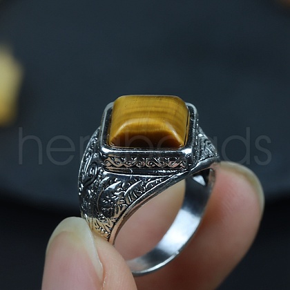 Rhombus Natural Tiger Eye Finger Rings PW-WGACAC0-01-1