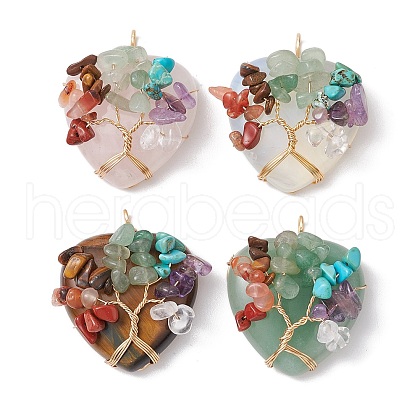 Natural & Synthetic Mixed Gemstone Copper Wire Wrapped Heart Pendants PALLOY-JF02847-1