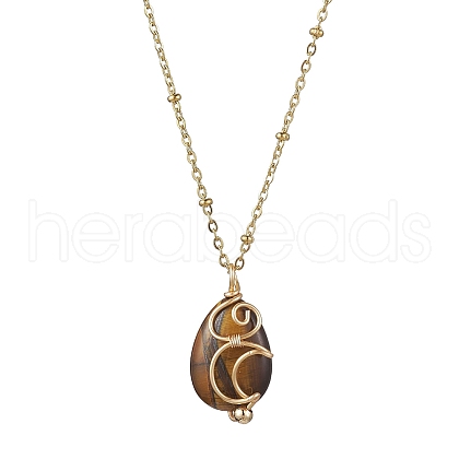 Natural Tiger Eye with Brass Pendants Necklaces NJEW-JN04679-04-1