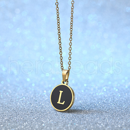 Alloy Black Enamel Flat Round with Letter Pendant Necklaces for Women WG4B845-12-1