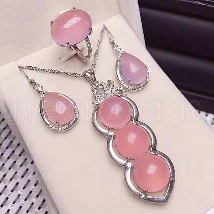 925 Sterling Silver Micro Pave Clear Cubic Zirconia with Natural Chalcedony Pendant Necklaces & Dangle Earrings & Rings Sets WG9CEA2-01-1