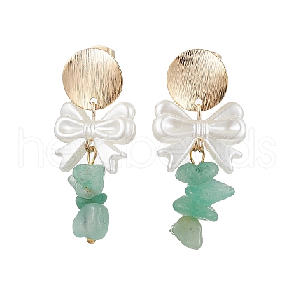 Natural Green Aventurine Chip & Bowknot ABS Imitation Pearl Dangle Earrings EJEW-JE05894-1