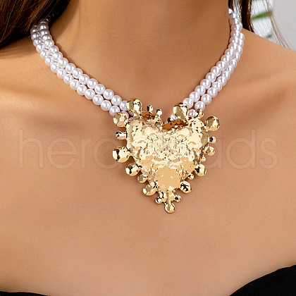 Heart Alloy Pendant Plastic Imitation Pearl Round Beaded Double Layer Necklaces for Women FS-WGB7F0A-01-1