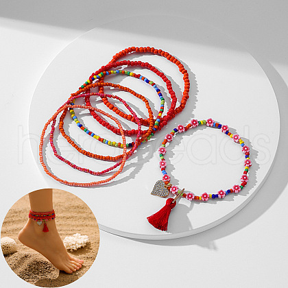 Bohemian Flower Resin & Glass Seed Beaded Stretch Multi-Layered Anklet Sets WG187EB-14-1