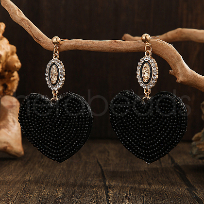 Bohemian Style Handmade Glass Seed Beads Heart with Oval Dangle Stud Earrings KE8893-1-1