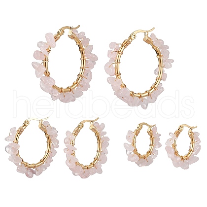 3 Pairs 3 Size Natural Rose Quartz Chips Hoop Earrings EJEW-JE05710-01-1
